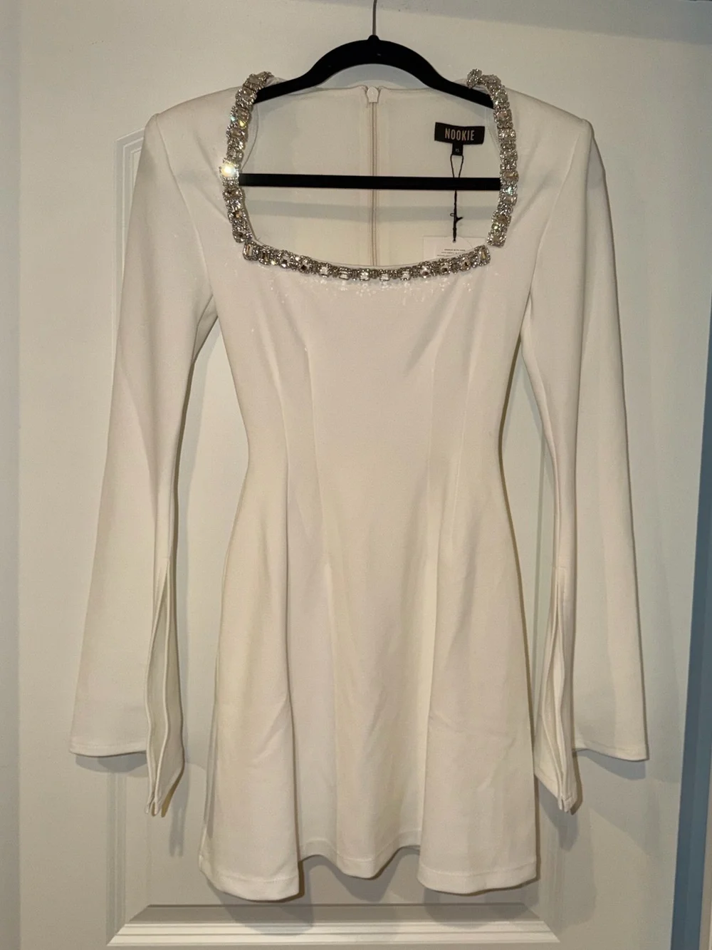 Nookie White Long-Sleeve Mini Dress with Embellished Square Neckline Size XS - Picture 2 of 9
